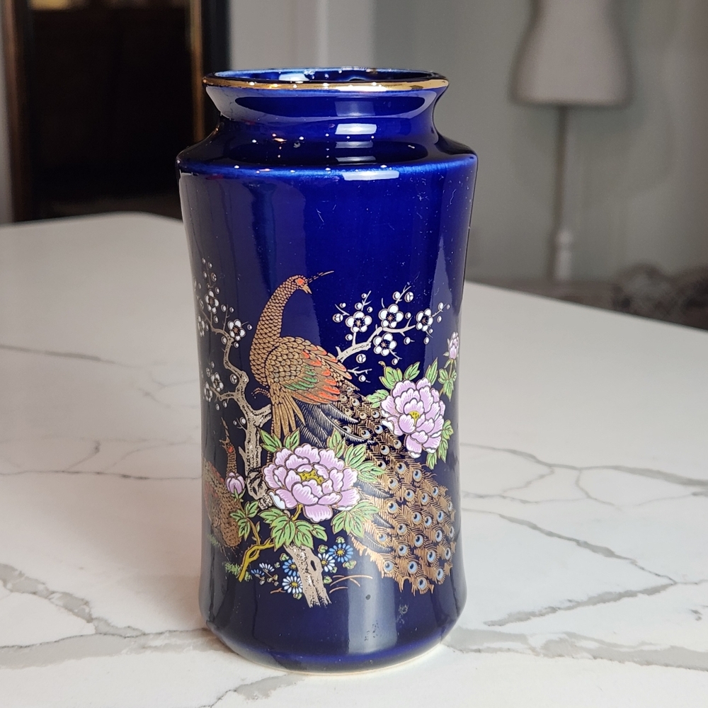 Vintage Japan Stoneware Vase Peacock Floral Cobalt Blue 6x3x3 1lb Floral Tree